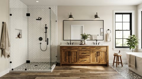 Modern bathroom with walk-in shower, wooden vanity, dual sinks, black fixtures, and patterned tile flooring