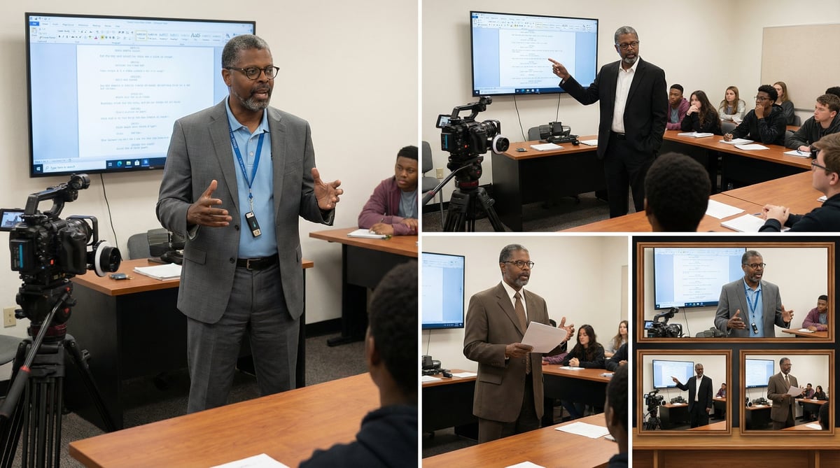 Professional man in business attire presenting to classroom audience with camera recording, shown in multiple angles