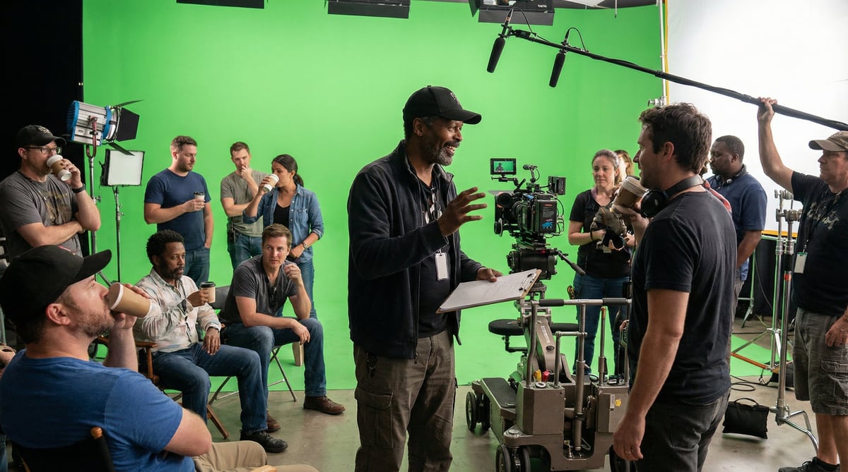 Film production crew on a green screen set with camera operator, director, and team members discussing a scene