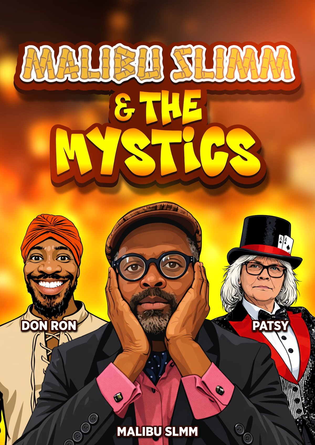 Malibu Slimm and the Mystics poster featuring three colorful illustrated characters with a fiery orange background