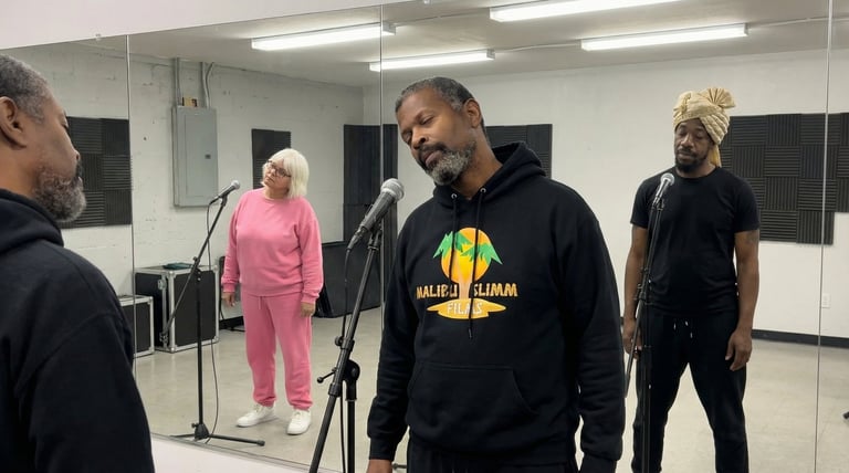 Group of people in a studio or rehearsal space with white walls and fluorescent lighting, including a man in a black hoodie and others in casual attire