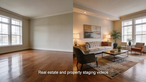 Split image showing empty and furnished living rooms for real estate property staging comparison