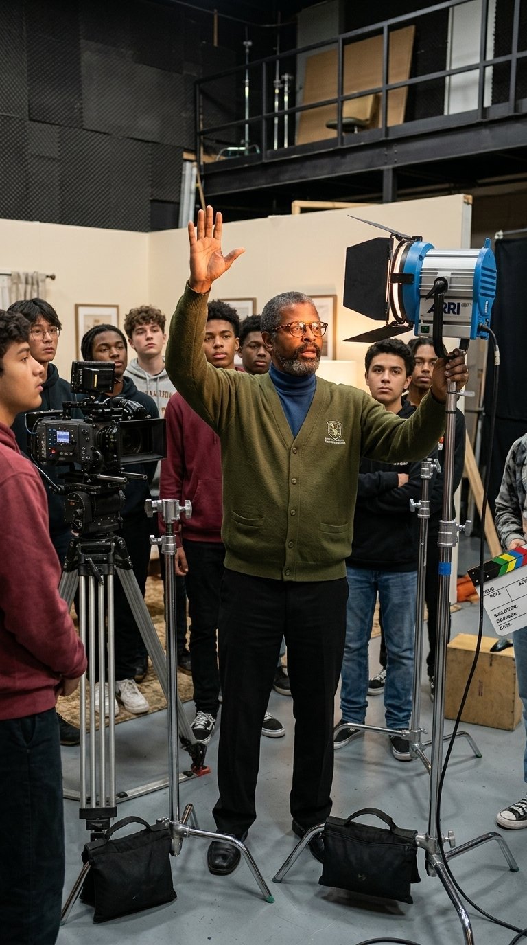 Film director raising his hand while instructing a group of students on a movie set with professional cameras and lighting equipment