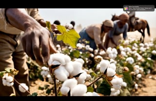 Hand holding ripe cotton bolls in a field with workers and animals in the blurred background