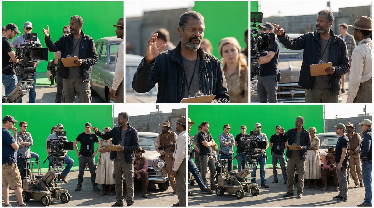 Behind-the-scenes film or TV production with cast and crew gathered outdoors against green screen backdrop