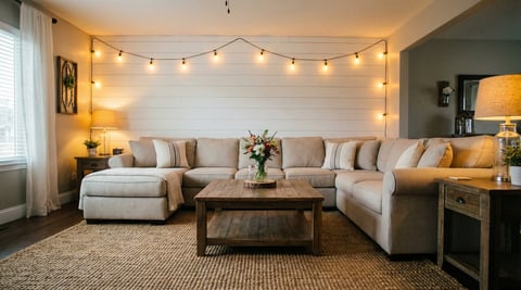 Modern living room with beige sectional sofa, wooden coffee table, string lights above, and warm ambient lighting