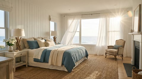 Bright, coastal-style bedroom with queen bed, teal and beige bedding, large windows with ocean views, wooden furniture, and armchair