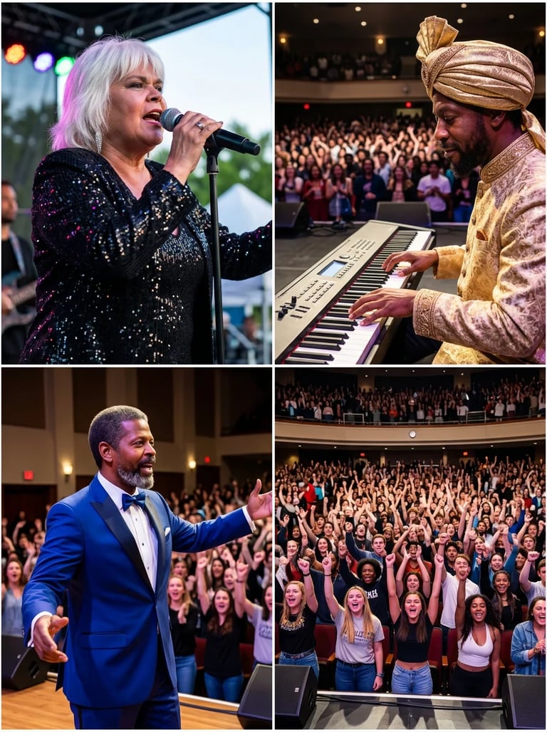 Collage of four performance scenes: female singer with white hair at microphone, male musician in gold turban playing keyboard, man in blue tuxedo gesturing to audience, and large crowd cheering with hands raised