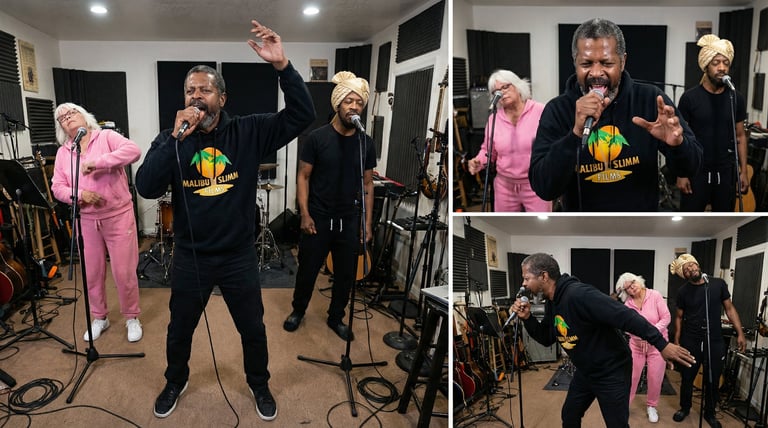 People singing and performing at an indoor karaoke or music event in a studio setting
