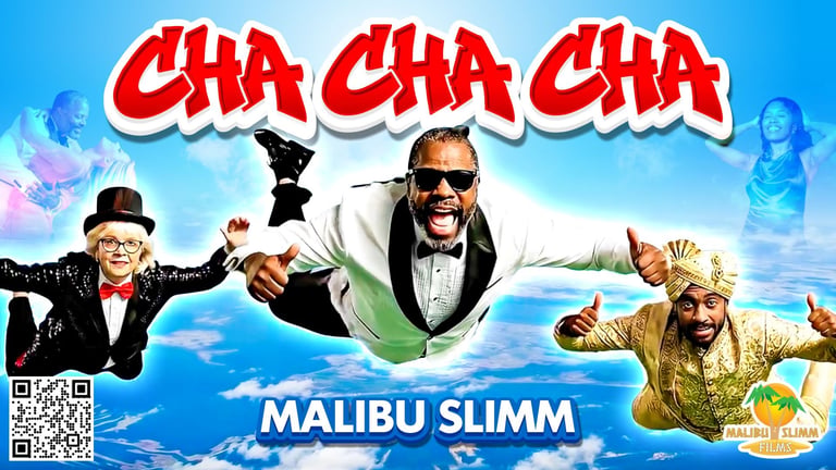 Malibu Slimm music poster featuring three performers dancing on clouds with red Cha Cha Cha text and blue sky background