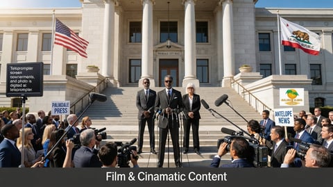 Three officials at podium on government building steps surrounded by press and media cameras