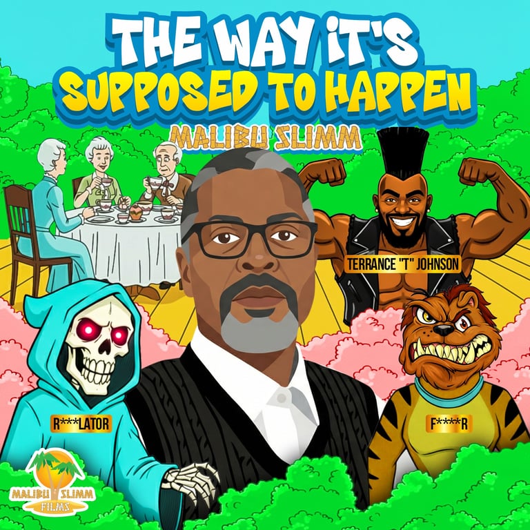 Album cover for The Way Its Supposed to Happen by Malisa Slimm featuring characters and cartoon illustrations on green background