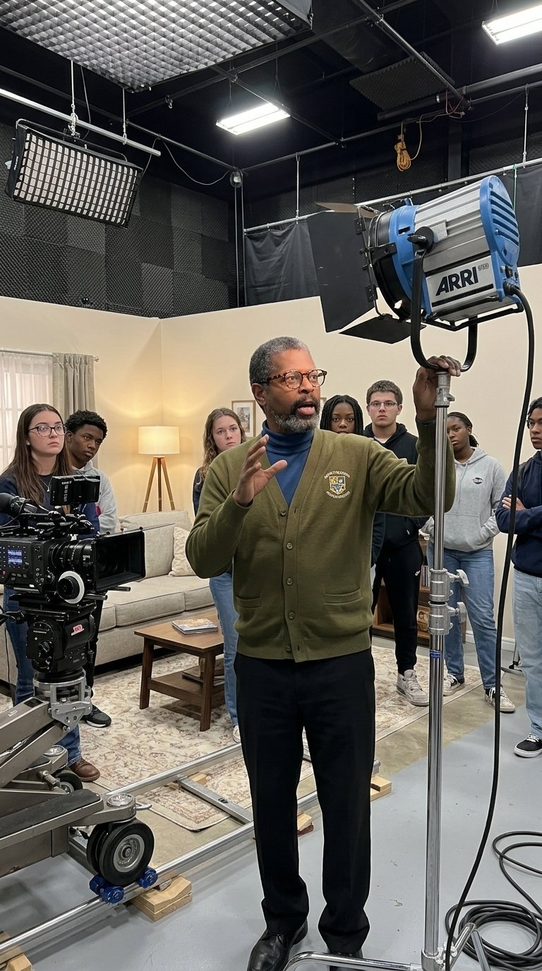 Man in olive cardigan instructing film production class on set with students, professional camera and ARRI lighting equipment