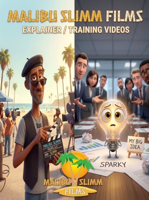 Malibu Slimm Films promotional poster showing a film director on a beach set on the left and a confused lightbulb character in a corporate office meeting on the right, advertising explainer and training videos.