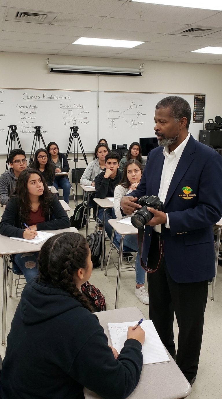 A man in a navy blazer demonstrates a professional camera to students in a classroom with whiteboard camera fundamentals lesson in background