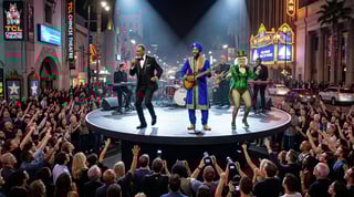 Live band performing on illuminated stage in crowded urban street at night with enthusiastic audience