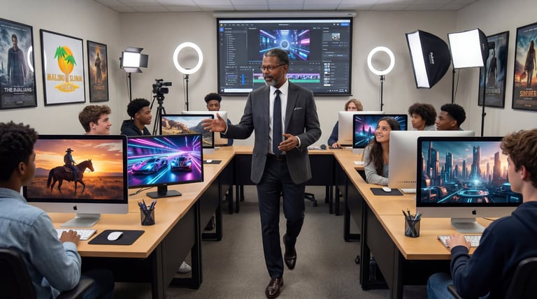 Professional man in business suit walks through modern office studio with students seated at workstations editing video on computers with ring lights