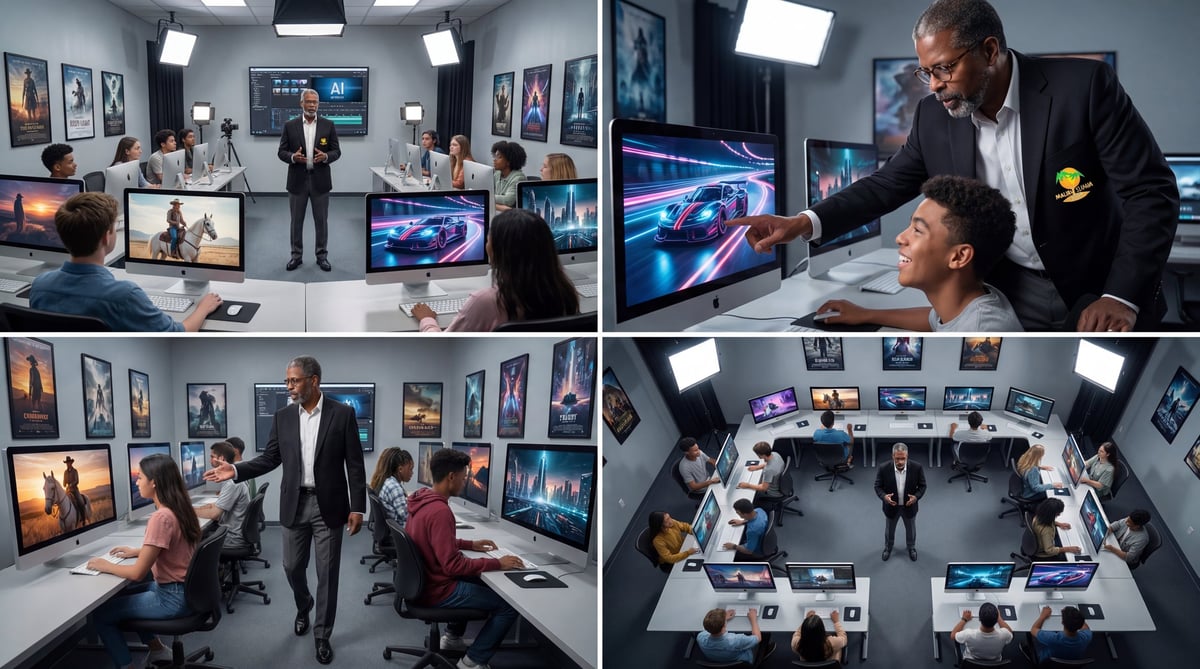 Four-panel collage showing business professionals in a modern tech office with multiple monitors and digital displays for collaboration and meetings.
