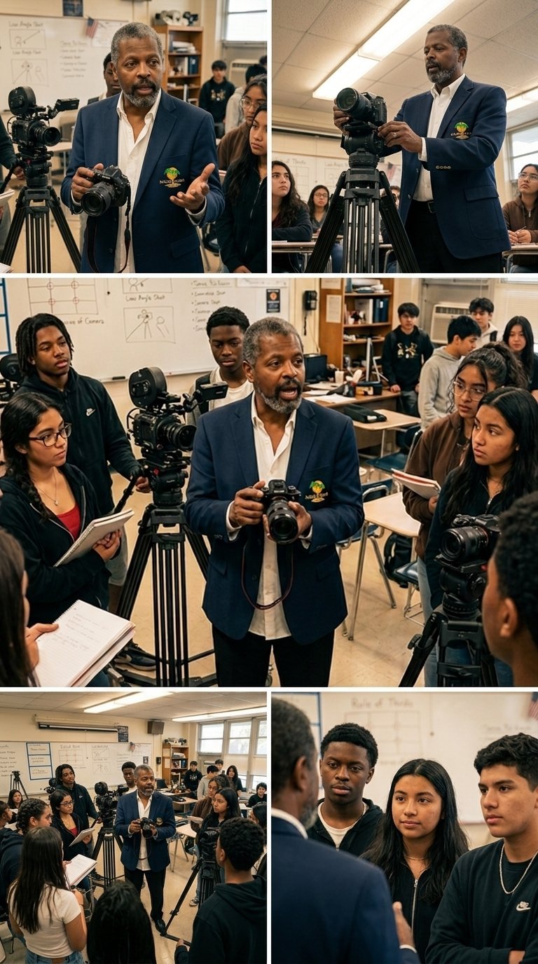 Man in navy blazer demonstrates professional video camera equipment to diverse group of students in classroom setting