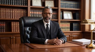 Professional man in dark suit and glasses seated at wooden desk in law office with bookshelves behind him