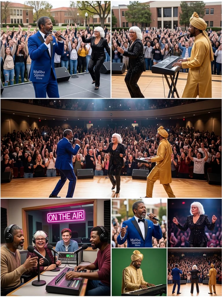 Collage of event photos showing performers on stage with audiences in outdoor and indoor venues, including radio studio scene