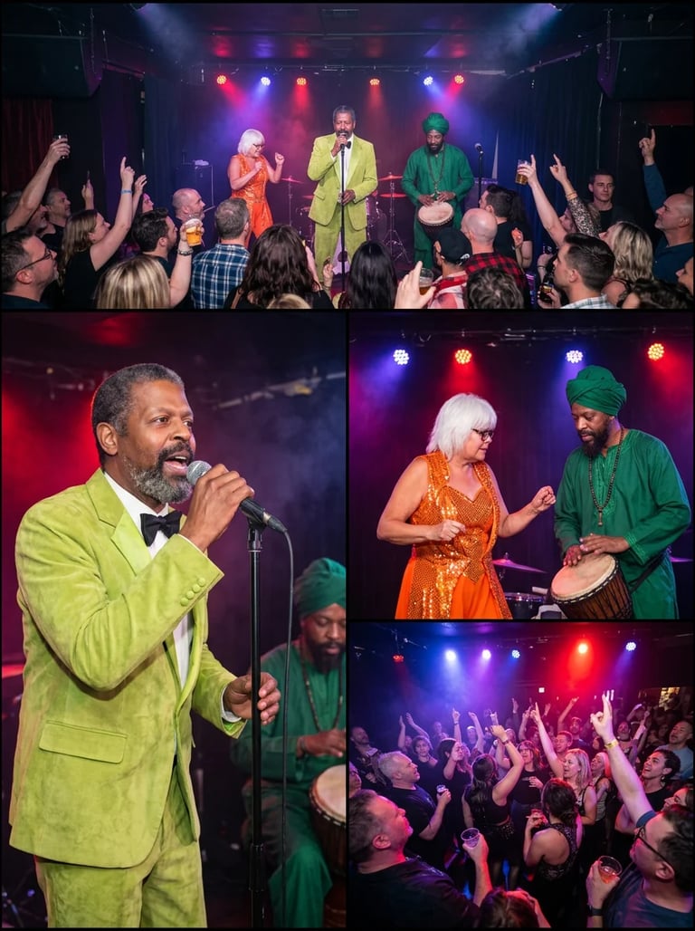 Live music performance collage showing band on stage with colorful lighting, audience members with raised hands, and close-up of male vocalist in yellow suit